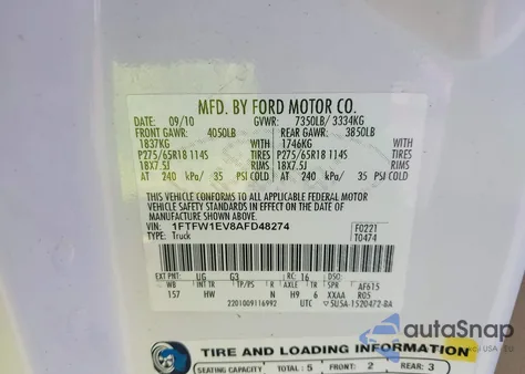 2010 Ford F-150 Fx4/Harley-Davidson/King Ranch/Lariat/Platinum/Xl/Xlt from USA, damaged, VIN 1FTFW1EV8AFD48274